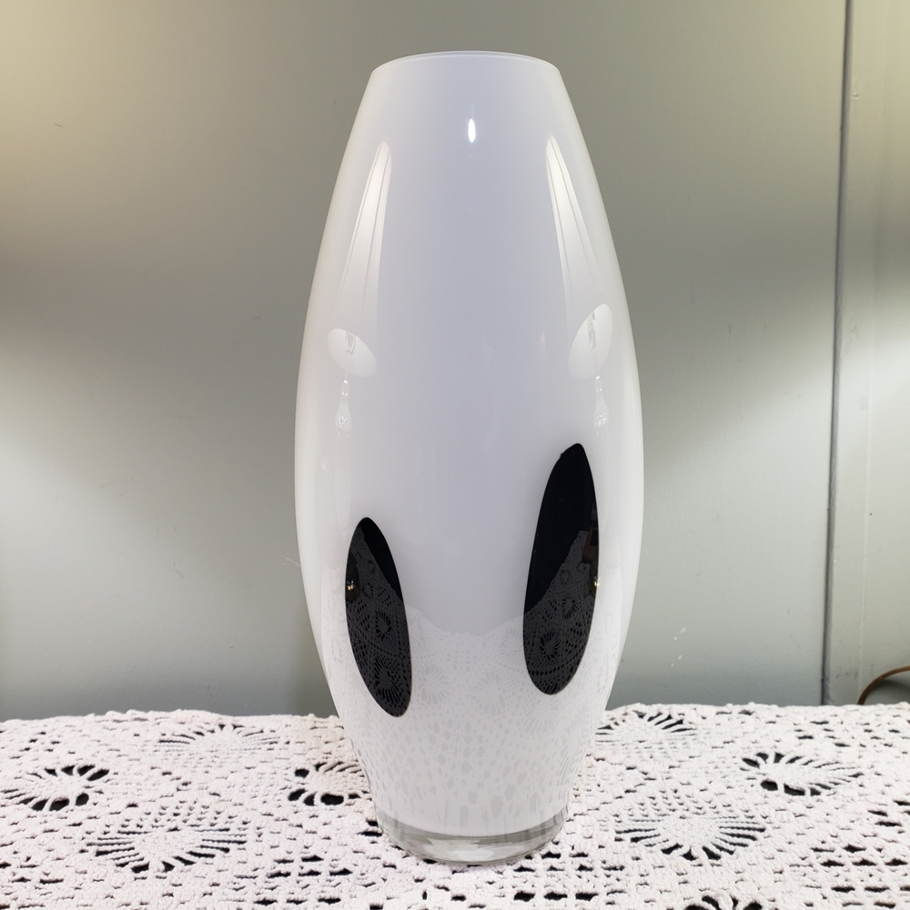 Vintage Ikea White Vase with Black Decorative Oval Hand Made Quality Modern